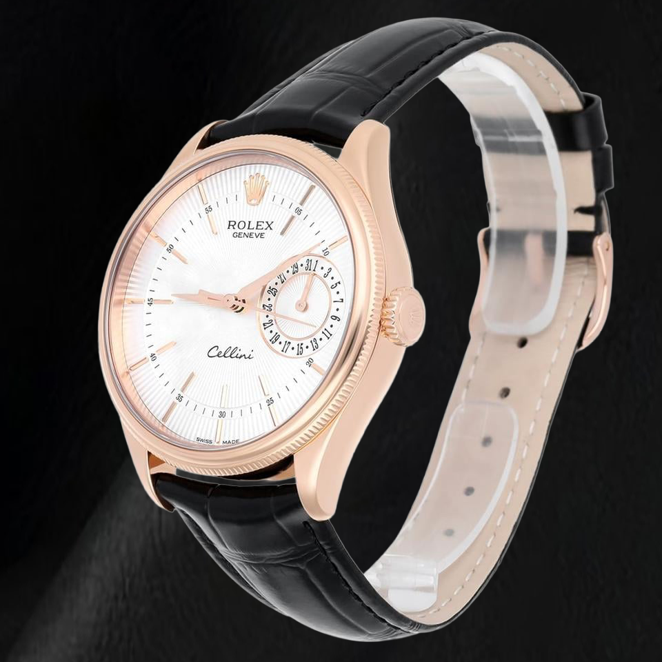 Rolex Oyster Perpetual 50515 39 mm Uhr aus Roségold, silbernes Zifferblatt mit Stabindizes, schwarzes Lederarmband