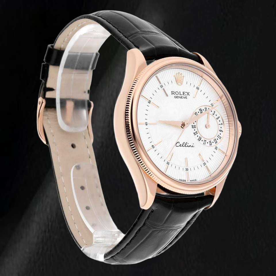 Rolex Oyster Perpetual 50515 39 mm Uhr aus Roségold, silbernes Zifferblatt mit Stabindizes, schwarzes Lederarmband