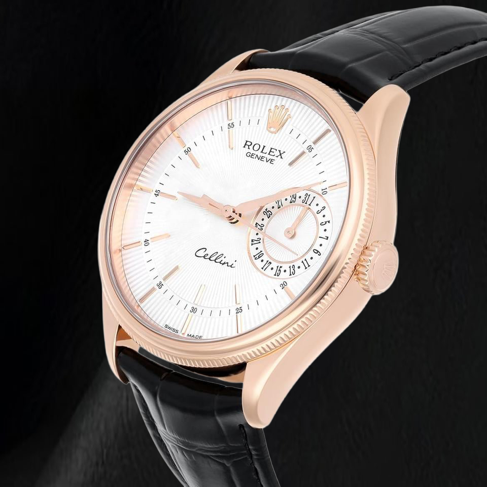 Rolex Oyster Perpetual 50515 39 mm Uhr aus Roségold, silbernes Zifferblatt mit Stabindizes, schwarzes Lederarmband