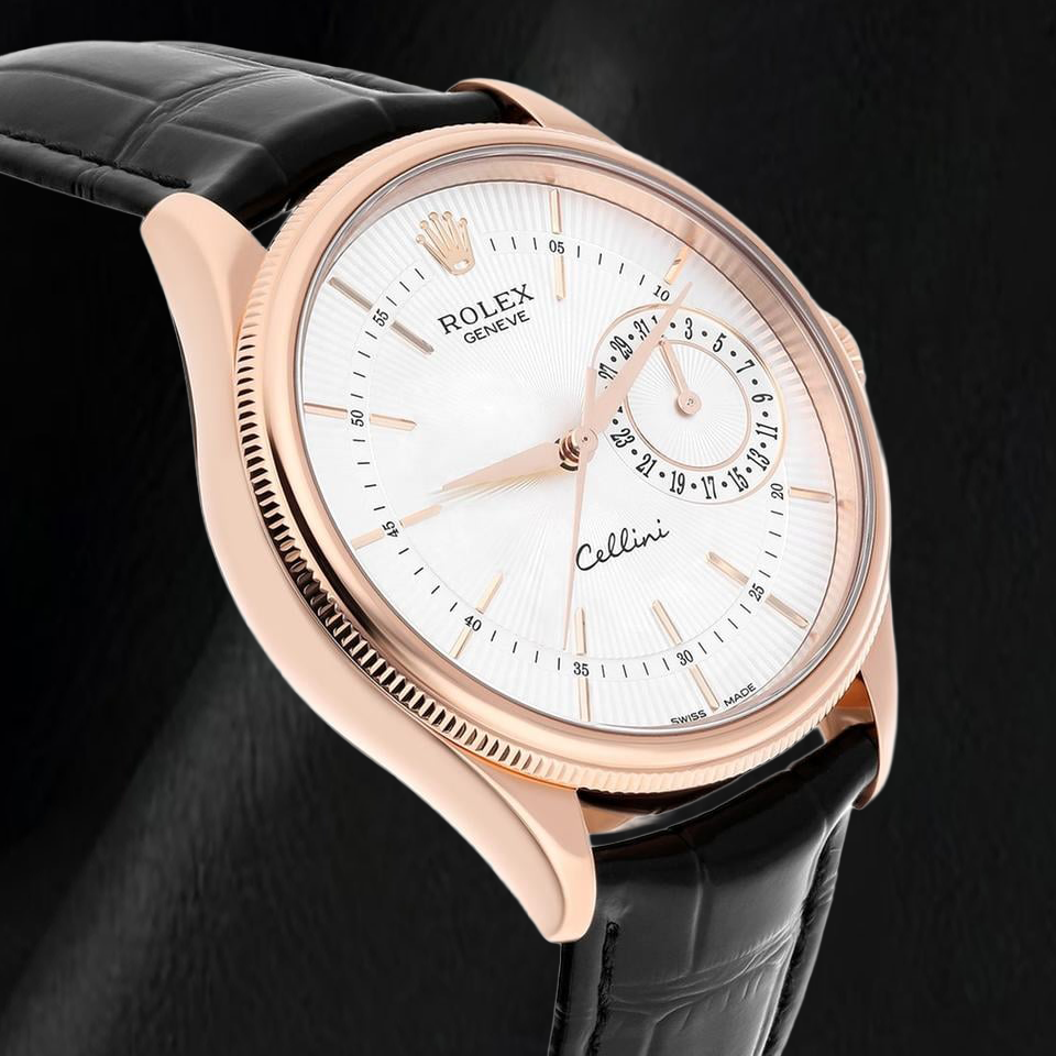 Rolex Oyster Perpetual 50515 39 mm Uhr aus Roségold, silbernes Zifferblatt mit Stabindizes, schwarzes Lederarmband