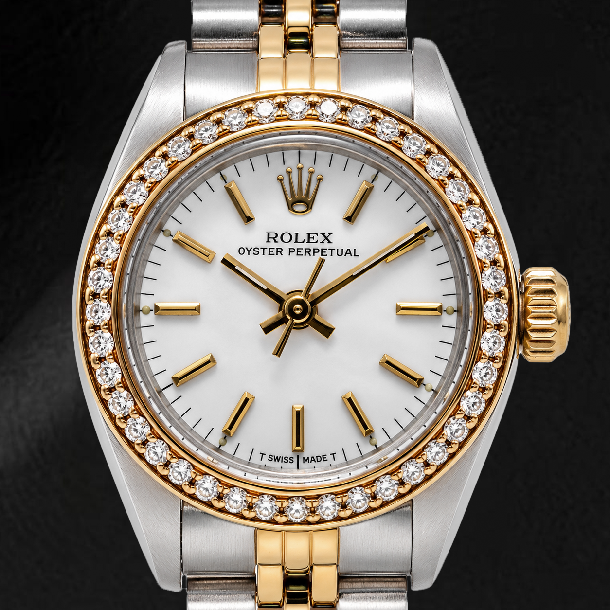 Rolex Oyster Perpetual 67193 26 mm Uhr, weißes Zifferblatt mit Stabindizes, Bicolor, Jubilé-Armband