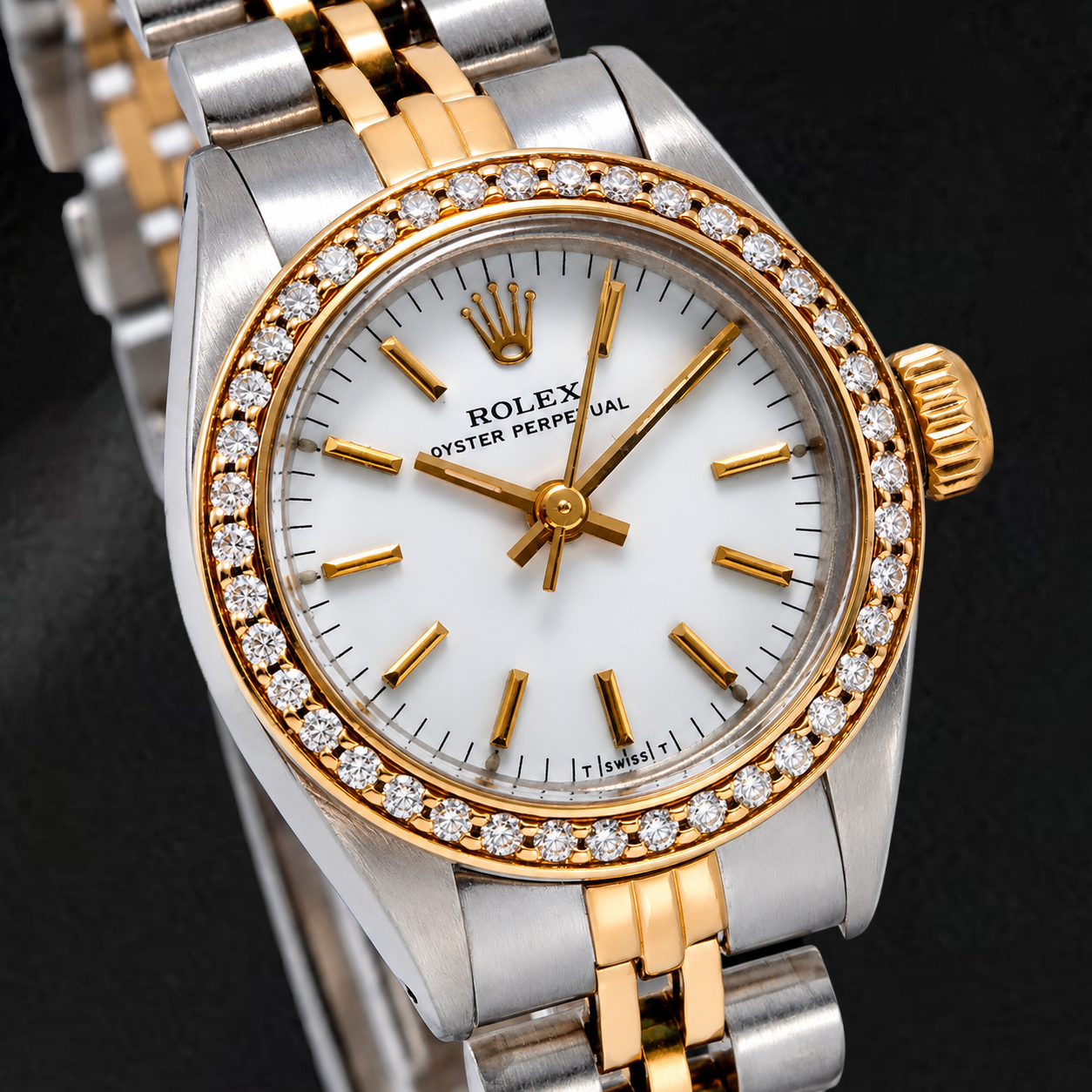 Rolex Oyster Perpetual 67193 26 mm Uhr, weißes Zifferblatt mit Stabindizes, Bicolor, Jubilé-Armband