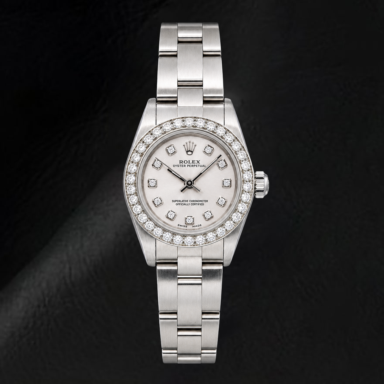 Rolex Oyster Perpetual 76080 26 mm Edelstahl-Uhr mit silbernem Diamantzifferblatt