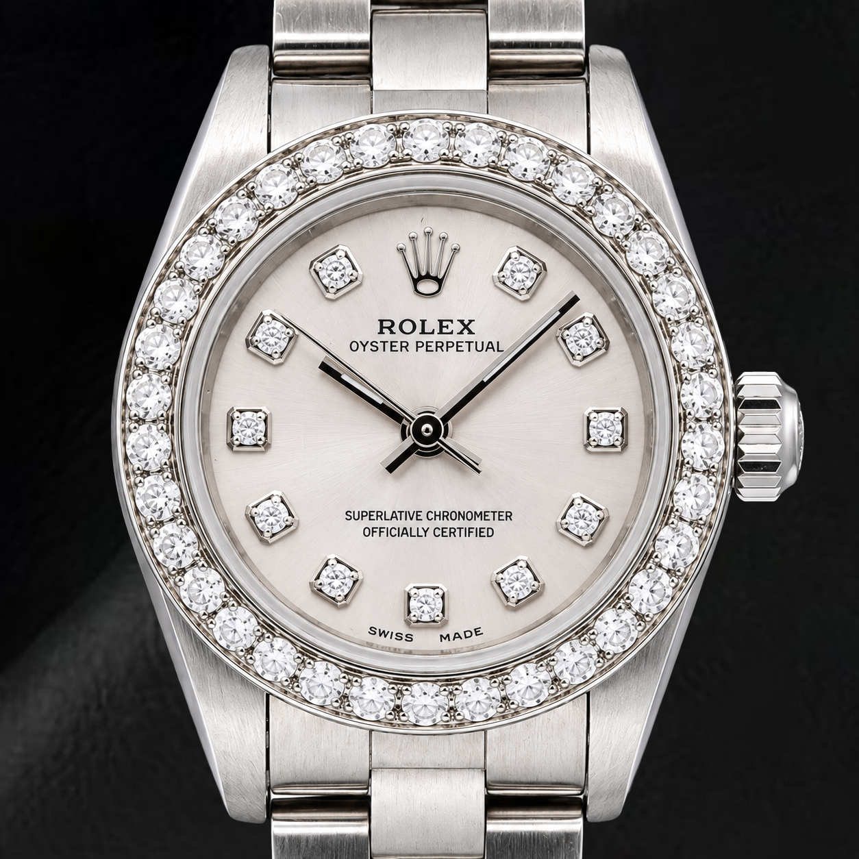 Rolex Oyster Perpetual 76080 26 mm Edelstahl-Uhr mit silbernem Diamantzifferblatt
