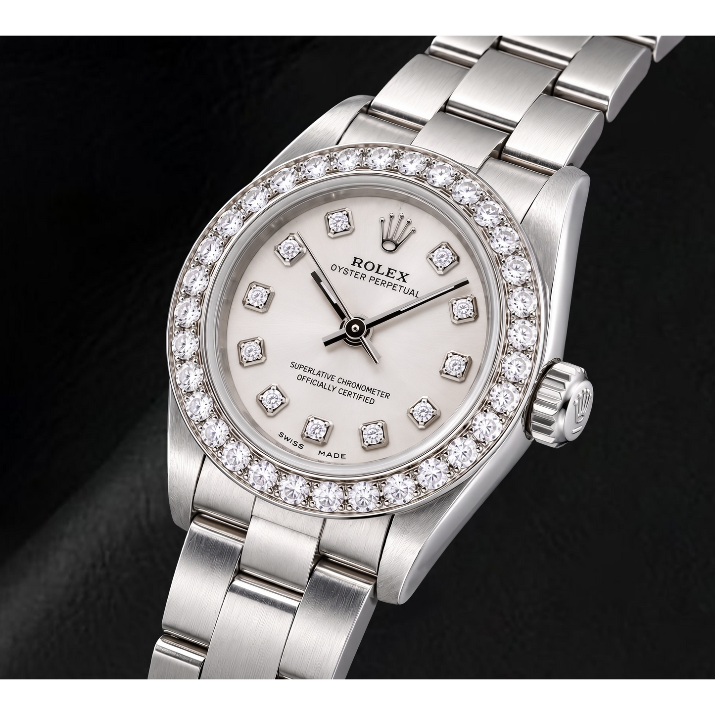 Rolex Oyster Perpetual 76080 26 mm Edelstahl-Uhr mit silbernem Diamantzifferblatt
