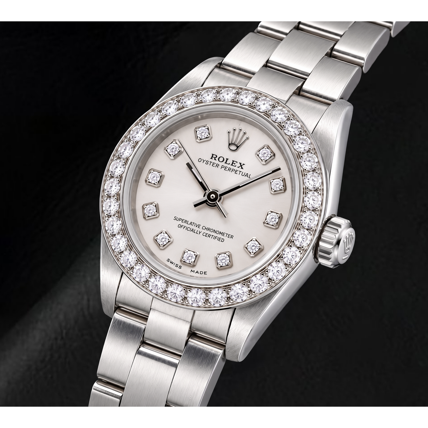 Rolex Oyster Perpetual 76080 26 mm Edelstahl-Uhr mit silbernem Diamantzifferblatt