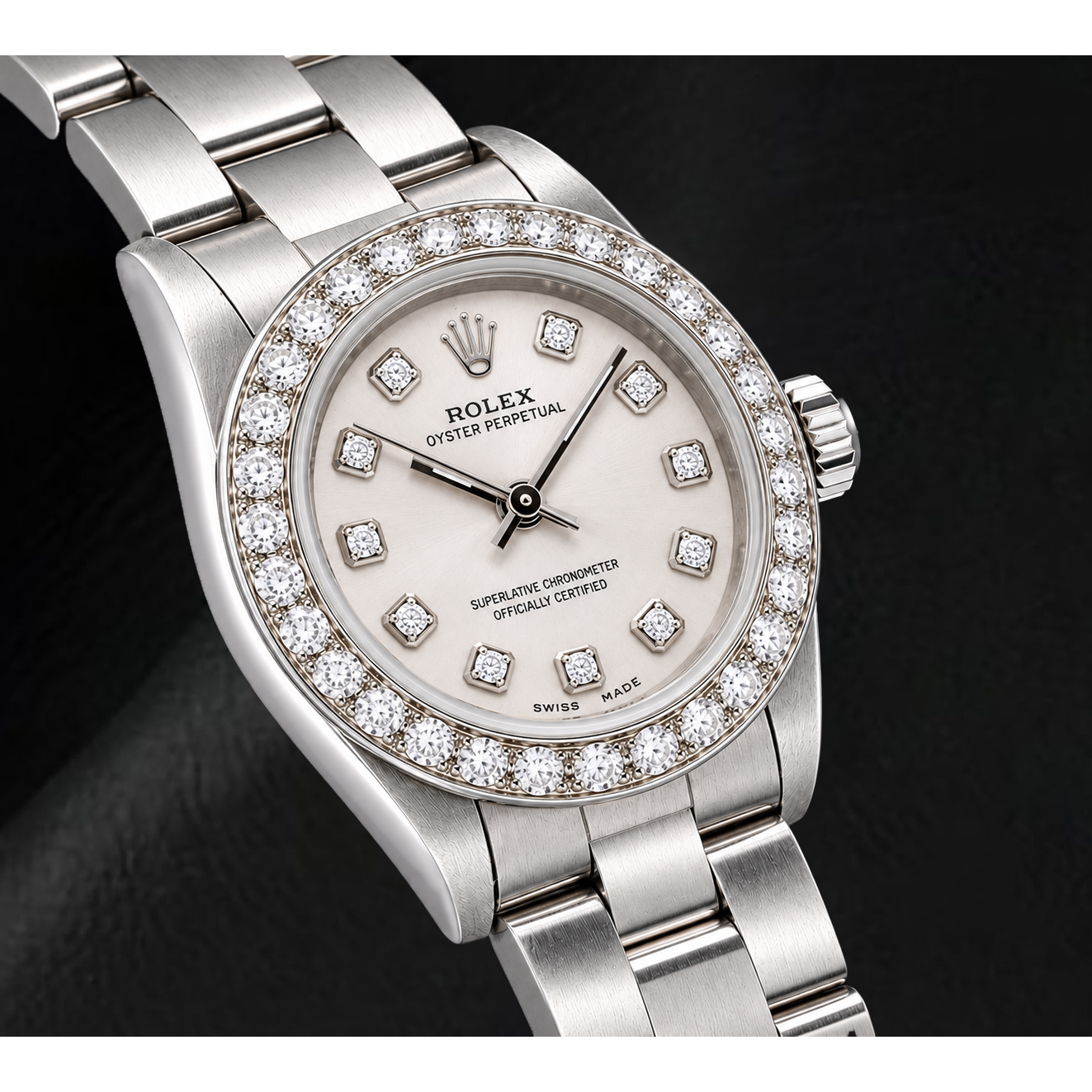 Rolex Oyster Perpetual 76080 26 mm Edelstahl-Uhr mit silbernem Diamantzifferblatt