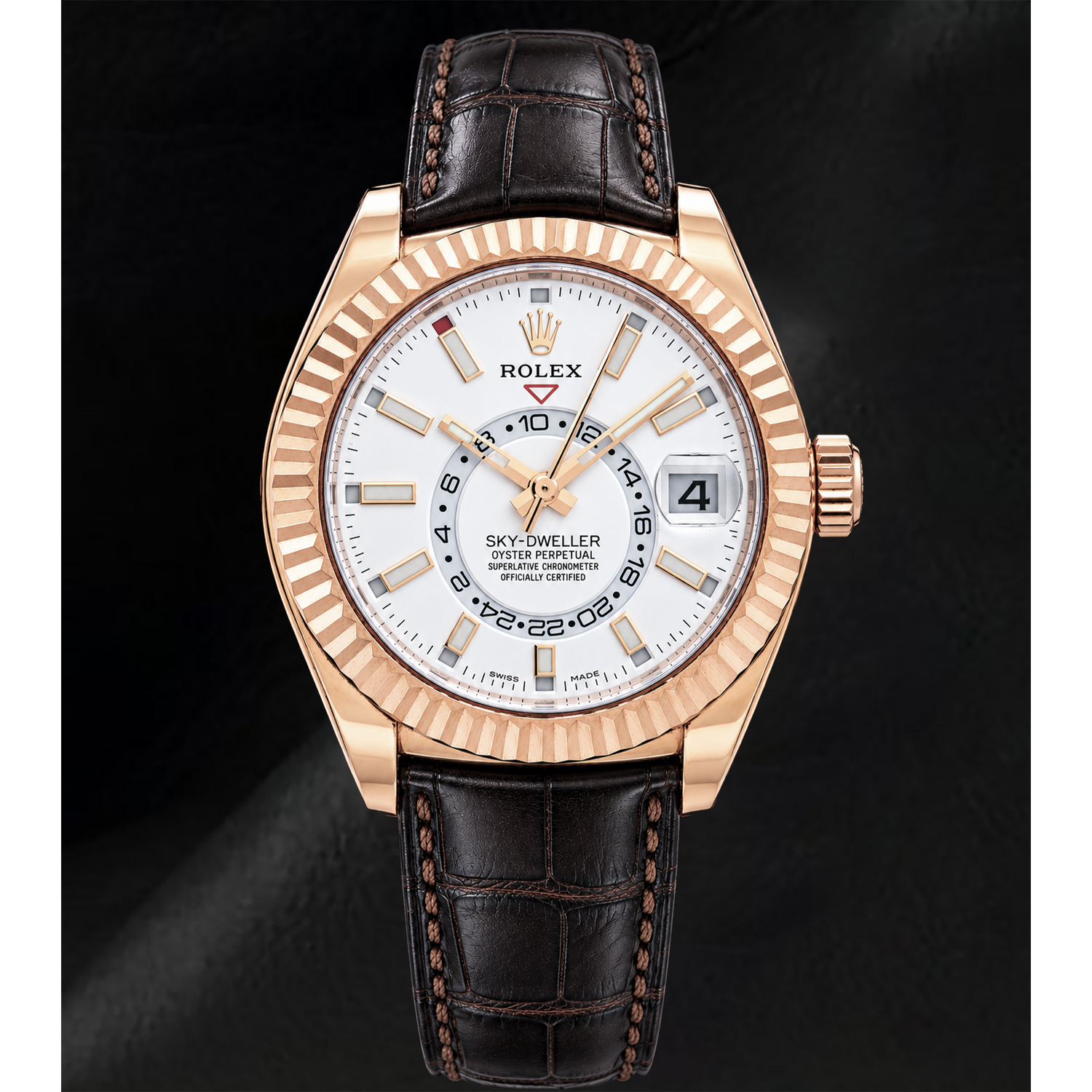 Rolex Sky-Dweller 326135 42 mm Uhr aus Roségold mit weißem Zifferblatt und braunem Lederarmband