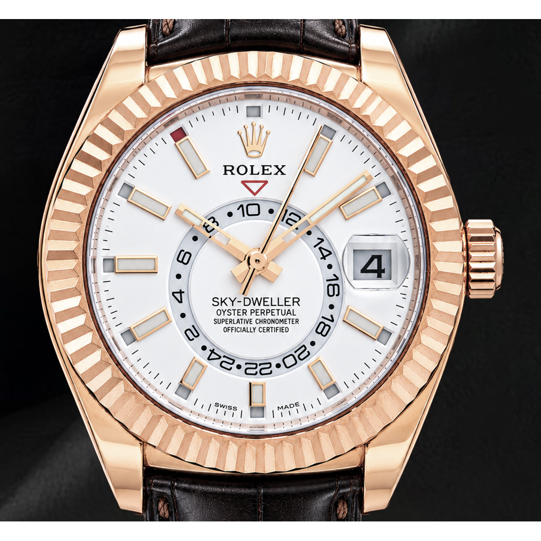 Rolex Sky-Dweller 326135 42 mm Uhr aus Roségold mit weißem Zifferblatt und braunem Lederarmband