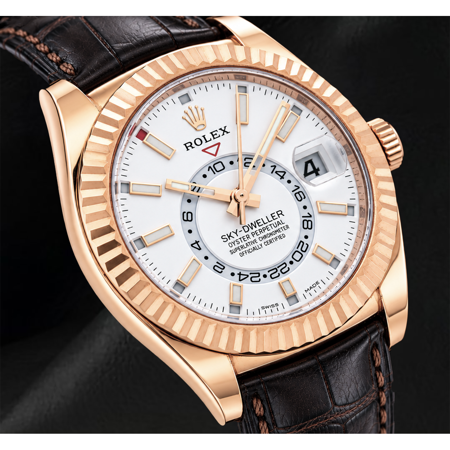 Rolex Sky-Dweller 326135 42 mm Uhr aus Roségold mit weißem Zifferblatt und braunem Lederarmband