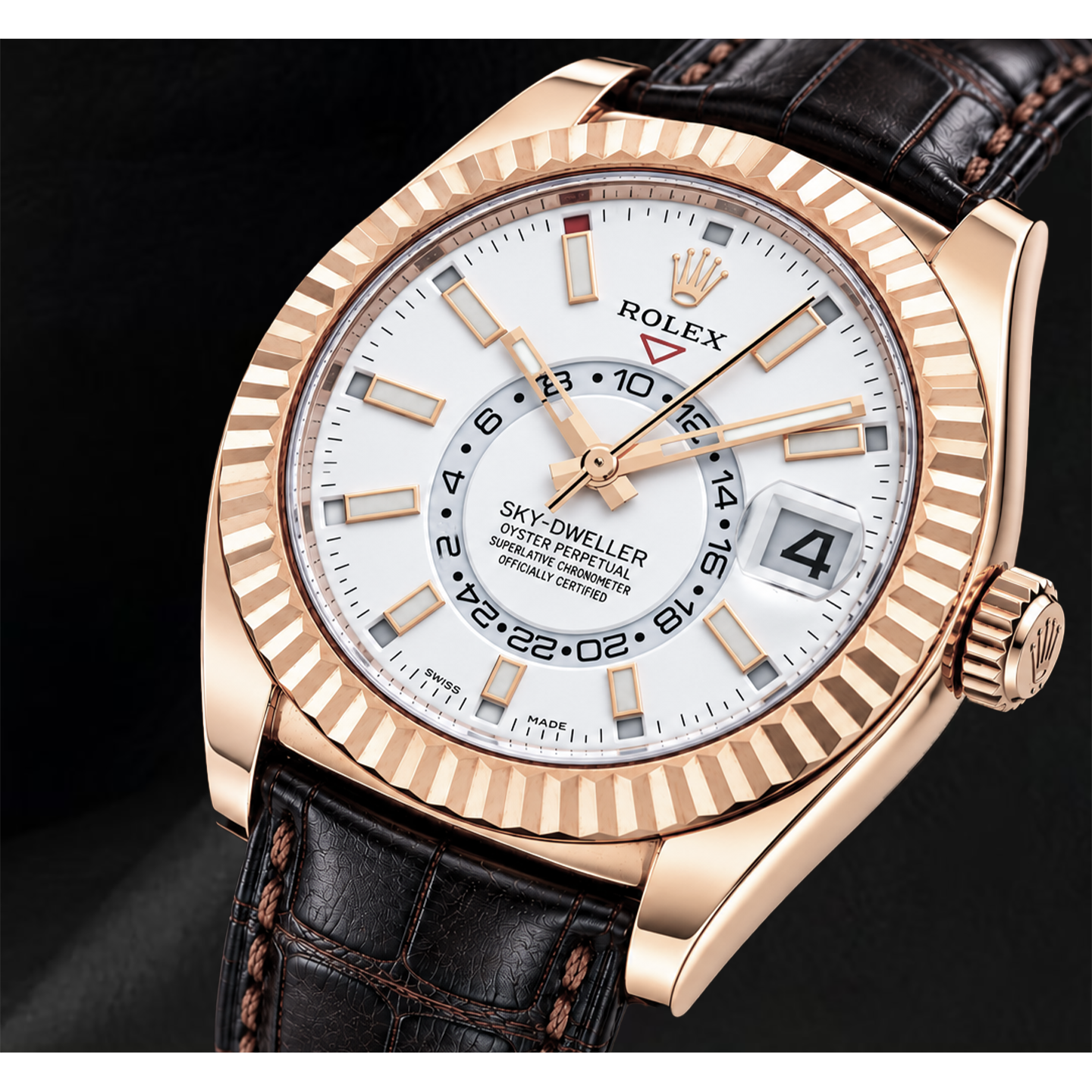 Rolex Sky-Dweller 326135 42 mm Uhr aus Roségold mit weißem Zifferblatt und braunem Lederarmband