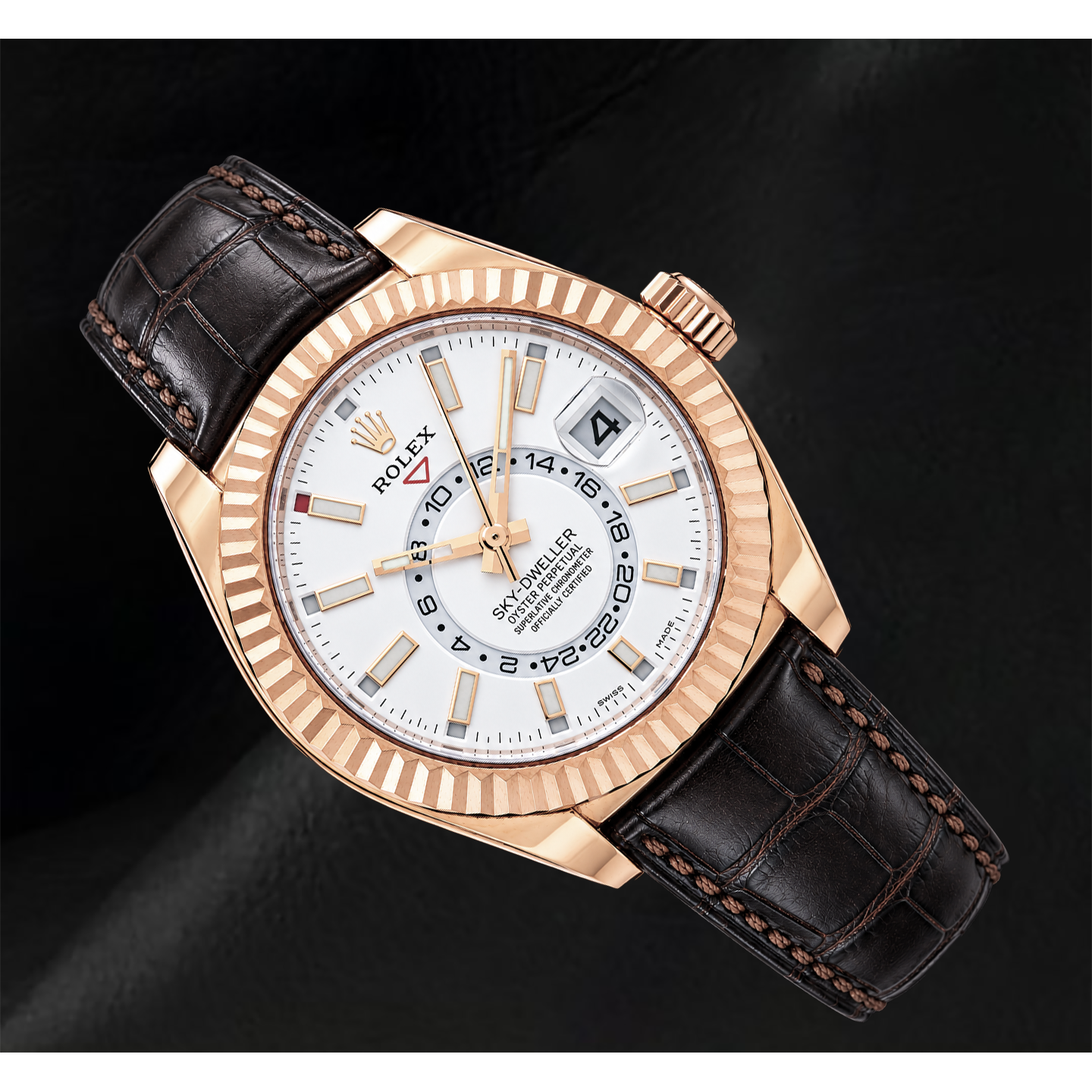Rolex Sky-Dweller 326135 42 mm Uhr aus Roségold mit weißem Zifferblatt und braunem Lederarmband