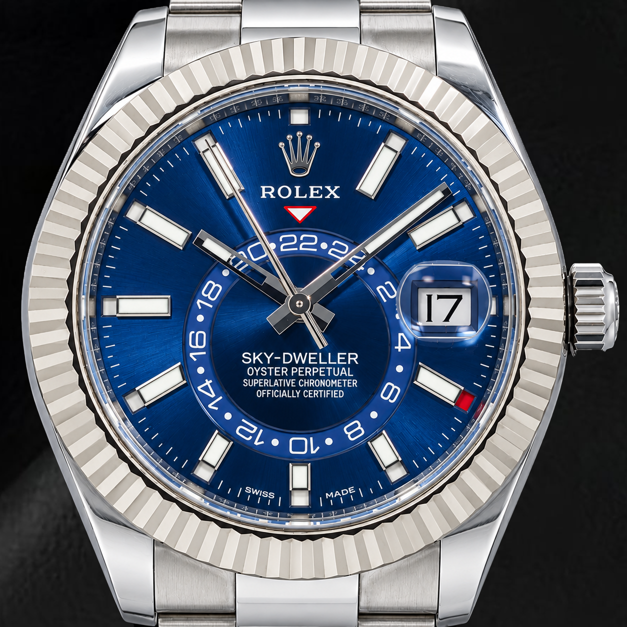 Rolex Sky-Dweller 326934 42 mm Uhr aus Edelstahl mit blauem Leuchtzifferblatt