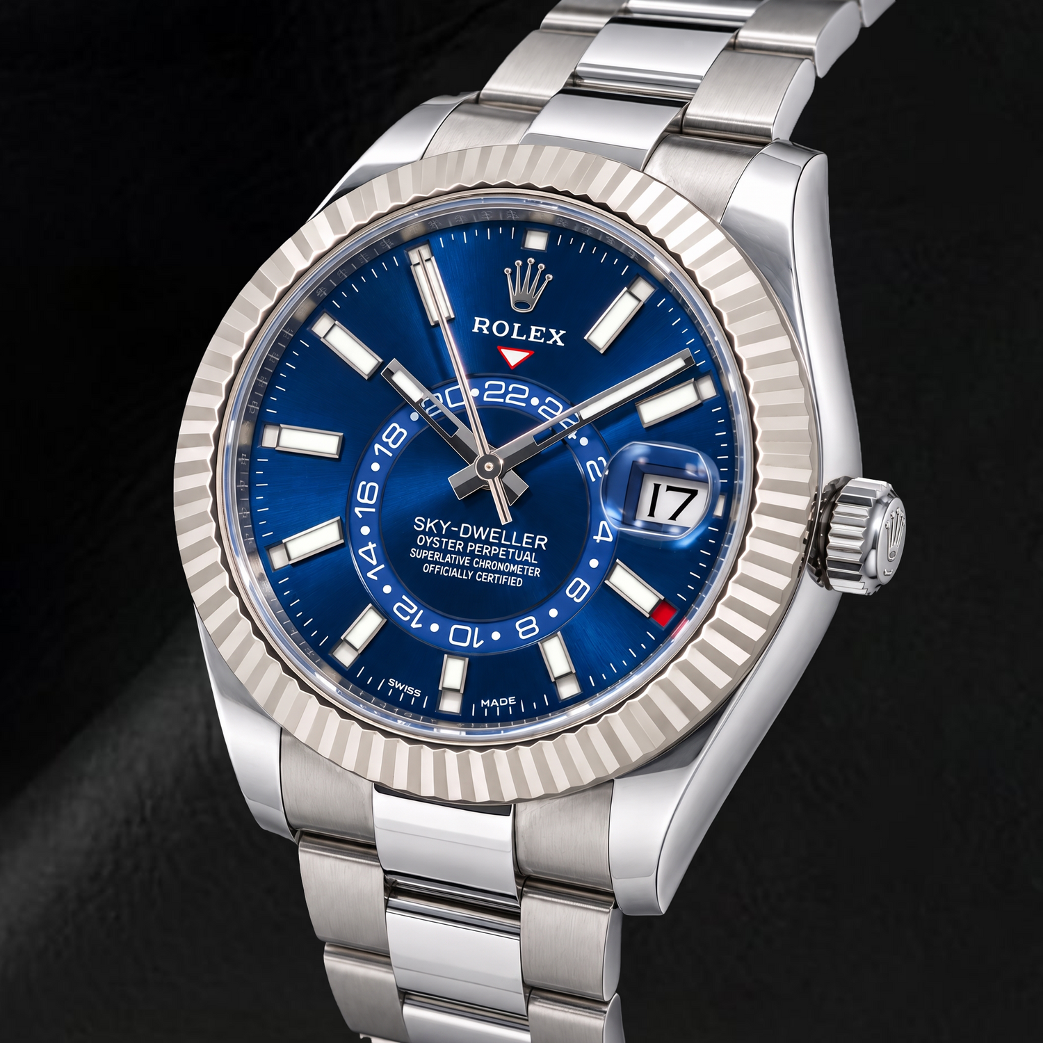 Rolex Sky-Dweller 326934 42 mm Uhr aus Edelstahl mit blauem Leuchtzifferblatt