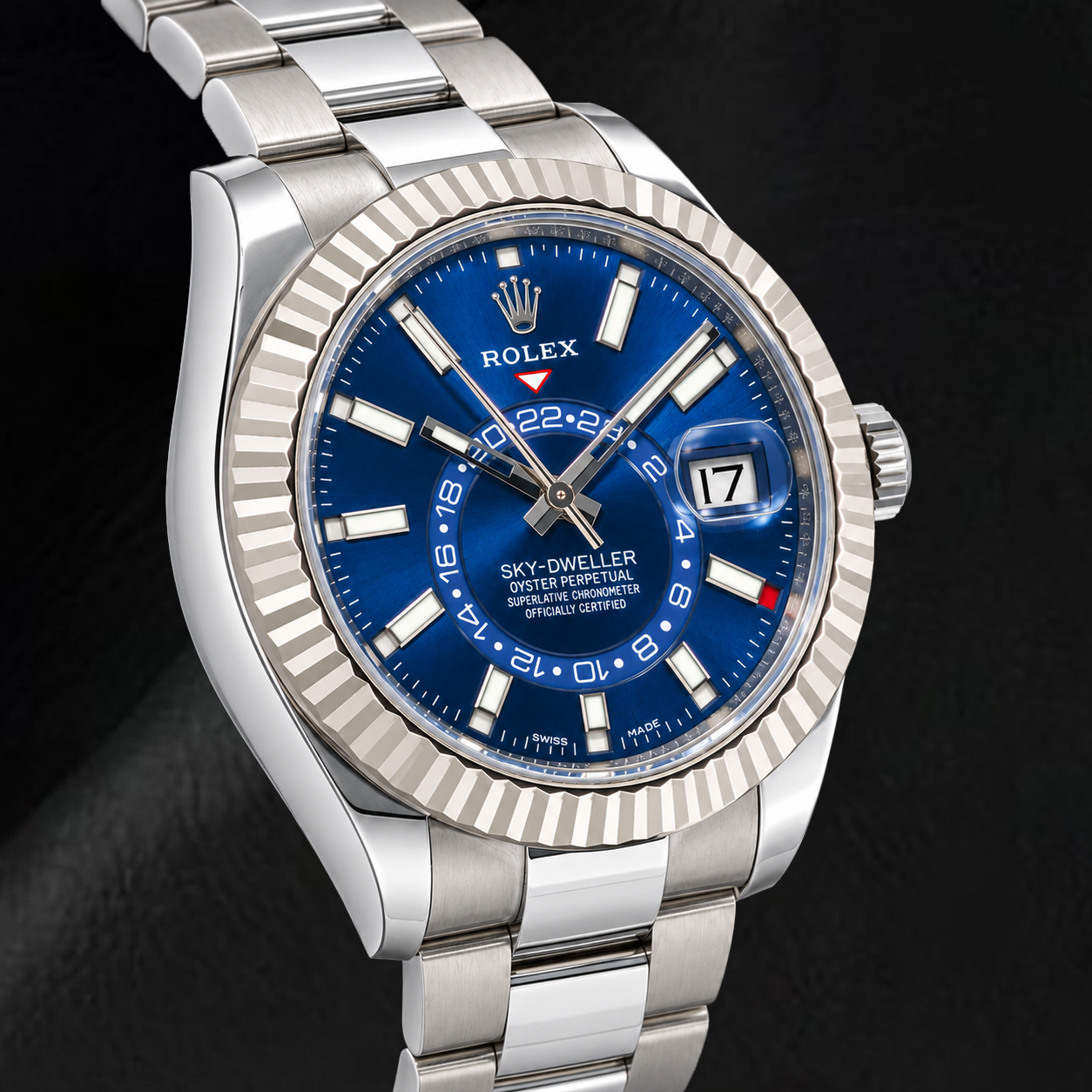Rolex Sky-Dweller 326934 42 mm Uhr aus Edelstahl mit blauem Leuchtzifferblatt
