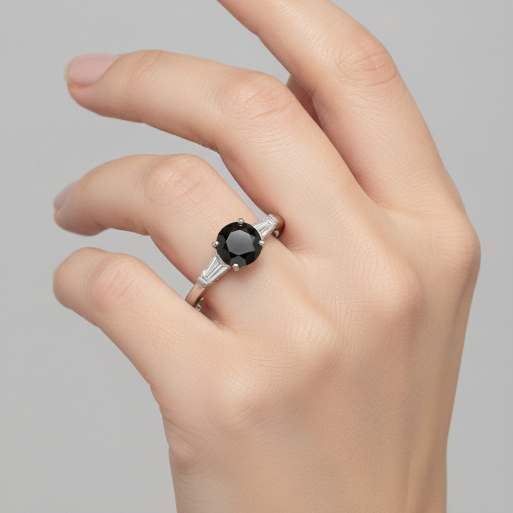 Dreistein-Ring mit natürlichem schwarzem Diamanten, 3,6 Karat, echter Rund- und Baguetteschliff, 14 Karat Weißgold