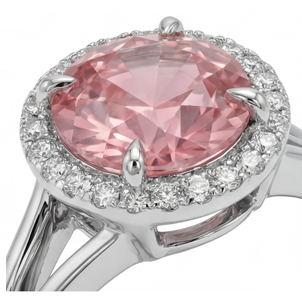 Padparadscha-Ring 4,3 Karat im Labor gezüchteter runder Saphir Halo 14 Karat Weißgold