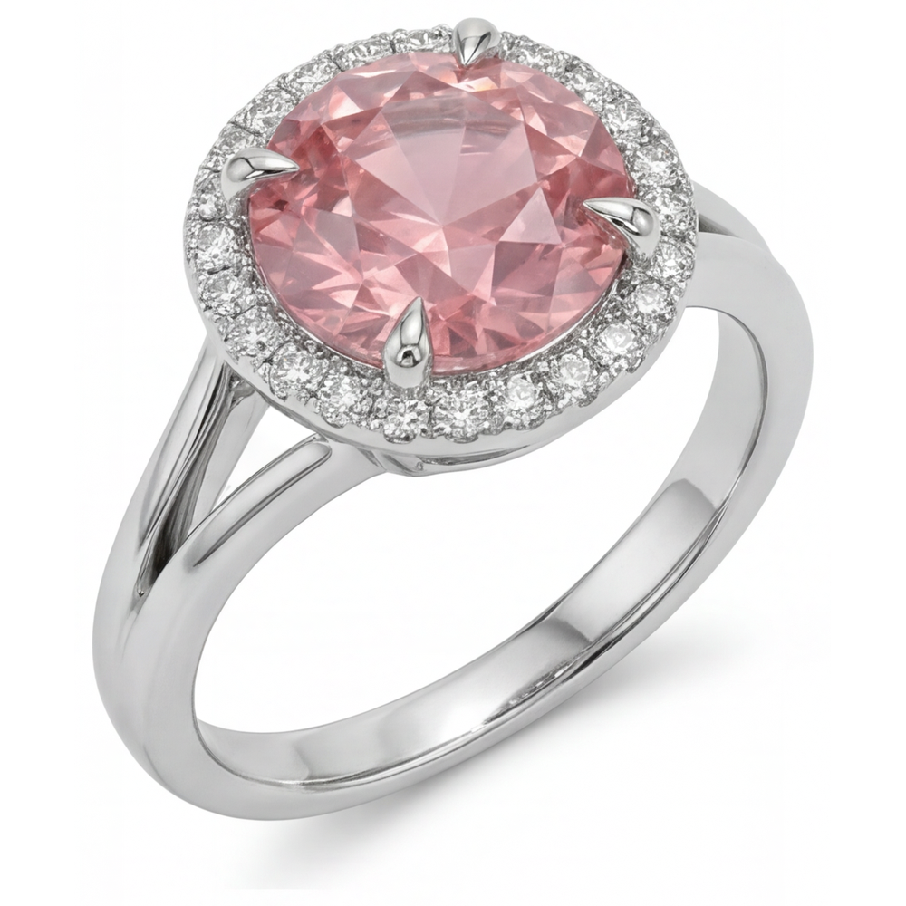 Padparadscha-Ring 4,3 Karat im Labor gezüchteter runder Saphir Halo 14 Karat Weißgold