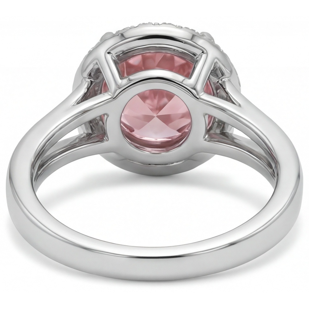 Padparadscha-Ring 4,3 Karat im Labor gezüchteter runder Saphir Halo 14 Karat Weißgold