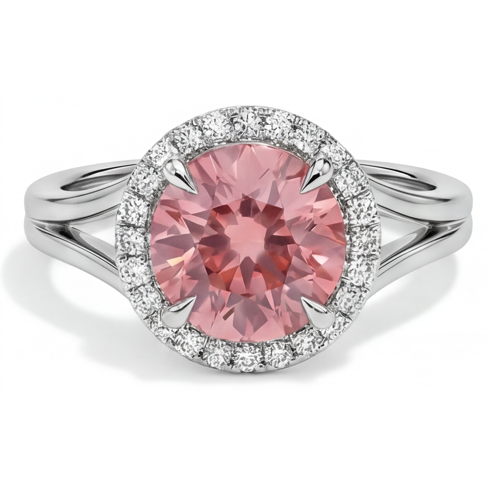 Padparadscha-Ring 4,3 Karat im Labor gezüchteter runder Saphir Halo 14 Karat Weißgold
