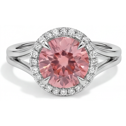 Padparadscha-Ring 4,3 Karat im Labor gezüchteter runder Saphir Halo 14 Karat Weißgold