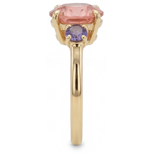 Antiker Padparadscha-Saphir-Ring, 4,8 Karat, im Labor gezüchtet, rund, Dreistein, 14 Karat Gelbgold