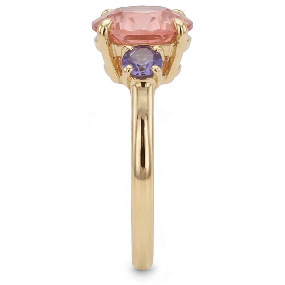 Antiker Padparadscha-Saphir-Ring, 4,8 Karat, im Labor gezüchtet, rund, Dreistein, 14 Karat Gelbgold
