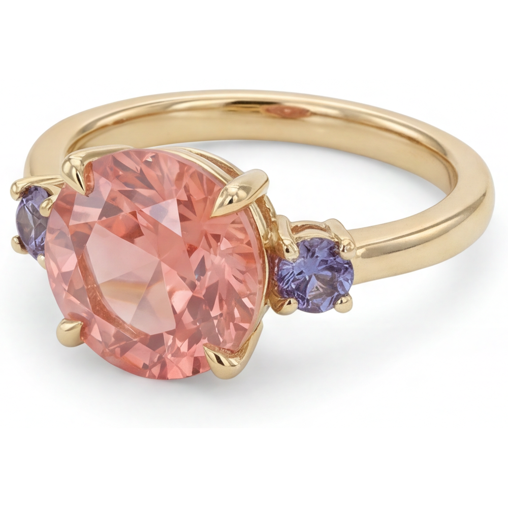 Antiker Padparadscha-Saphir-Ring, 4,8 Karat, im Labor gezüchtet, rund, Dreistein, 14 Karat Gelbgold