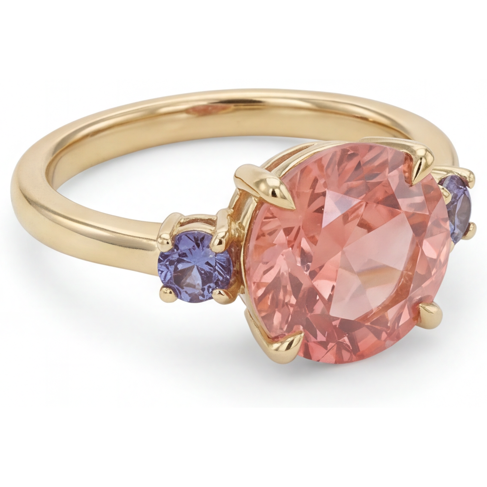 Antiker Padparadscha-Saphir-Ring, 4,8 Karat, im Labor gezüchtet, rund, Dreistein, 14 Karat Gelbgold