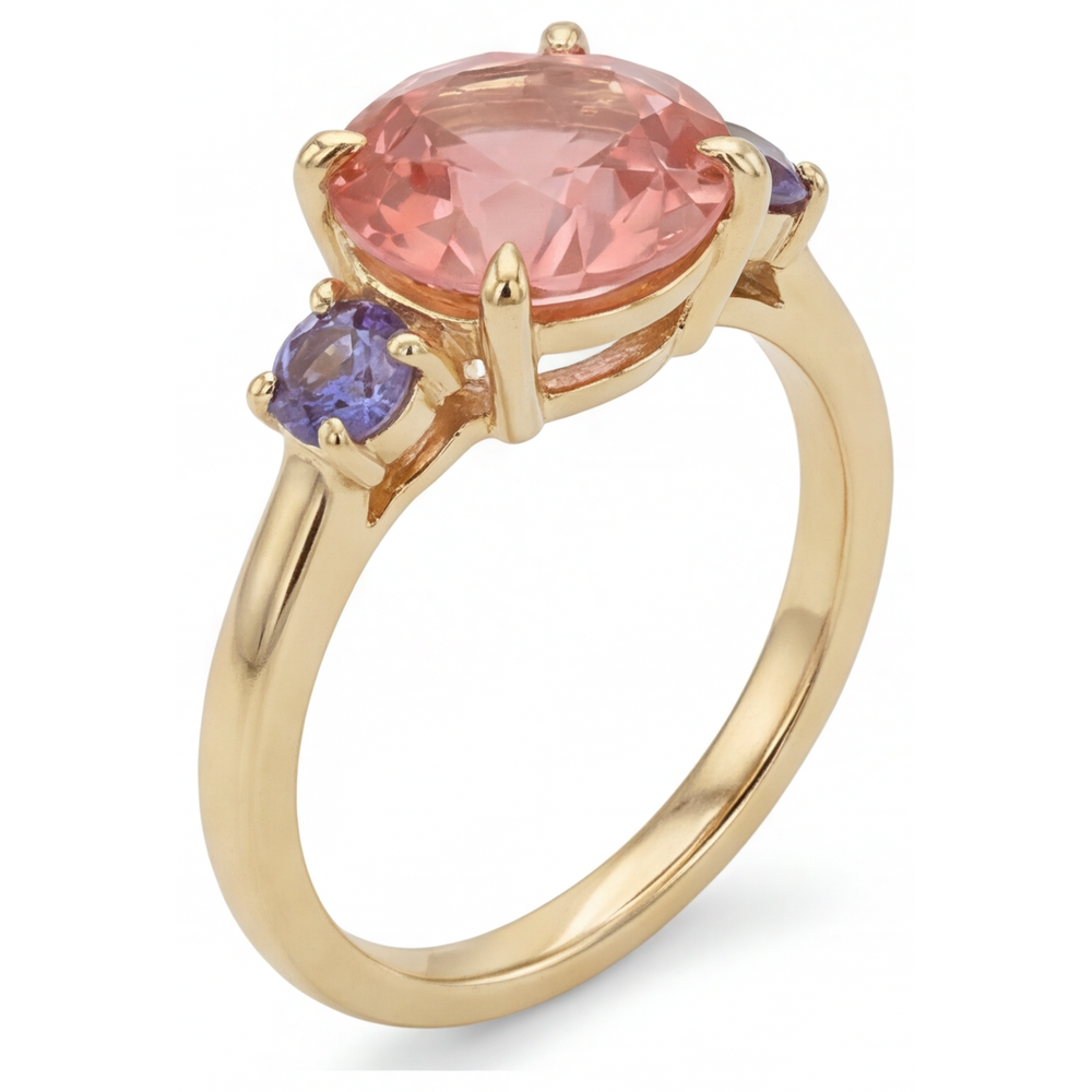 Antiker Padparadscha-Saphir-Ring, 4,8 Karat, im Labor gezüchtet, rund, Dreistein, 14 Karat Gelbgold