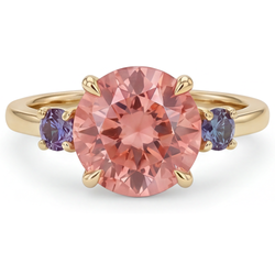 Antiker Padparadscha-Saphir-Ring, 4,8 Karat, im Labor gezüchtet, rund, Dreistein, 14 Karat Gelbgold