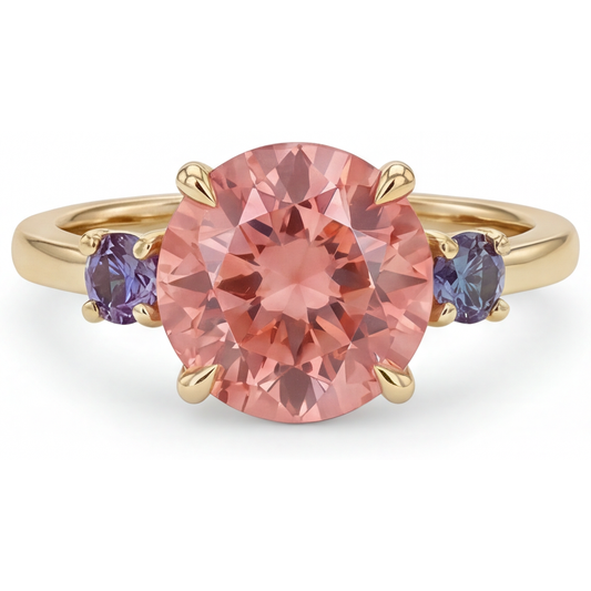 Antiker Padparadscha-Saphir-Ring, 4,8 Karat, im Labor gezüchtet, rund, Dreistein, 14 Karat Gelbgold