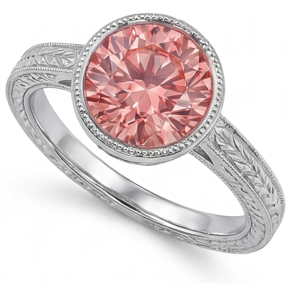 Padparadscha-Solitärring, 4 Karat im Labor gezüchteter runder Saphir, Lünette, 14 Karat Weißgold