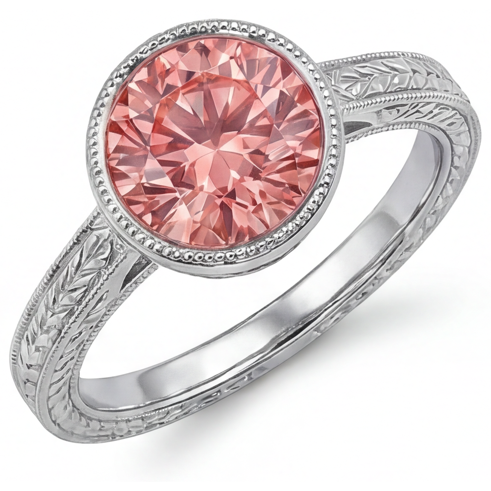 Padparadscha-Ring 4 Karat im Labor gezüchteter runder Saphir Lünette Solitär 14 Karat Weißgold