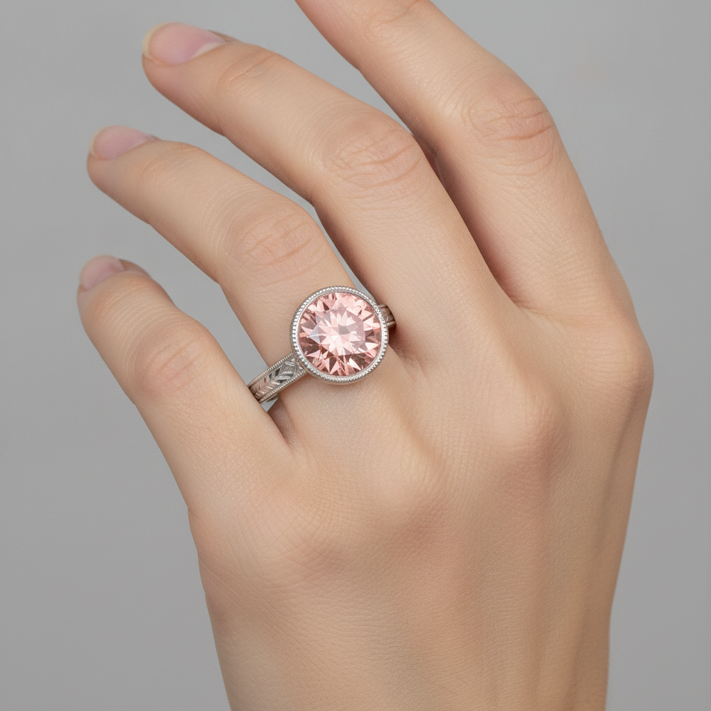 Padparadscha-Solitärring, 4 Karat im Labor gezüchteter runder Saphir, Lünette, 14 Karat Weißgold