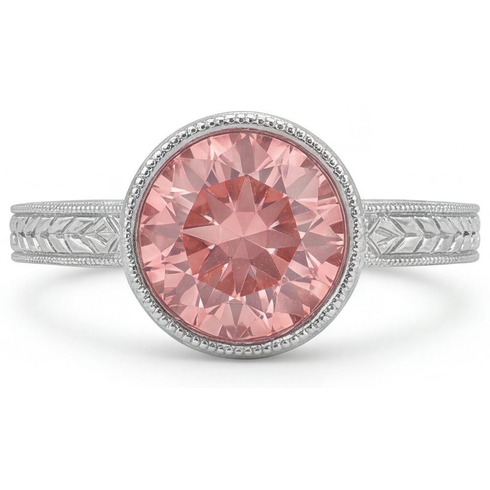 Padparadscha-Ring 4 Karat im Labor gezüchteter runder Saphir Lünette Solitär 14 Karat Weißgold