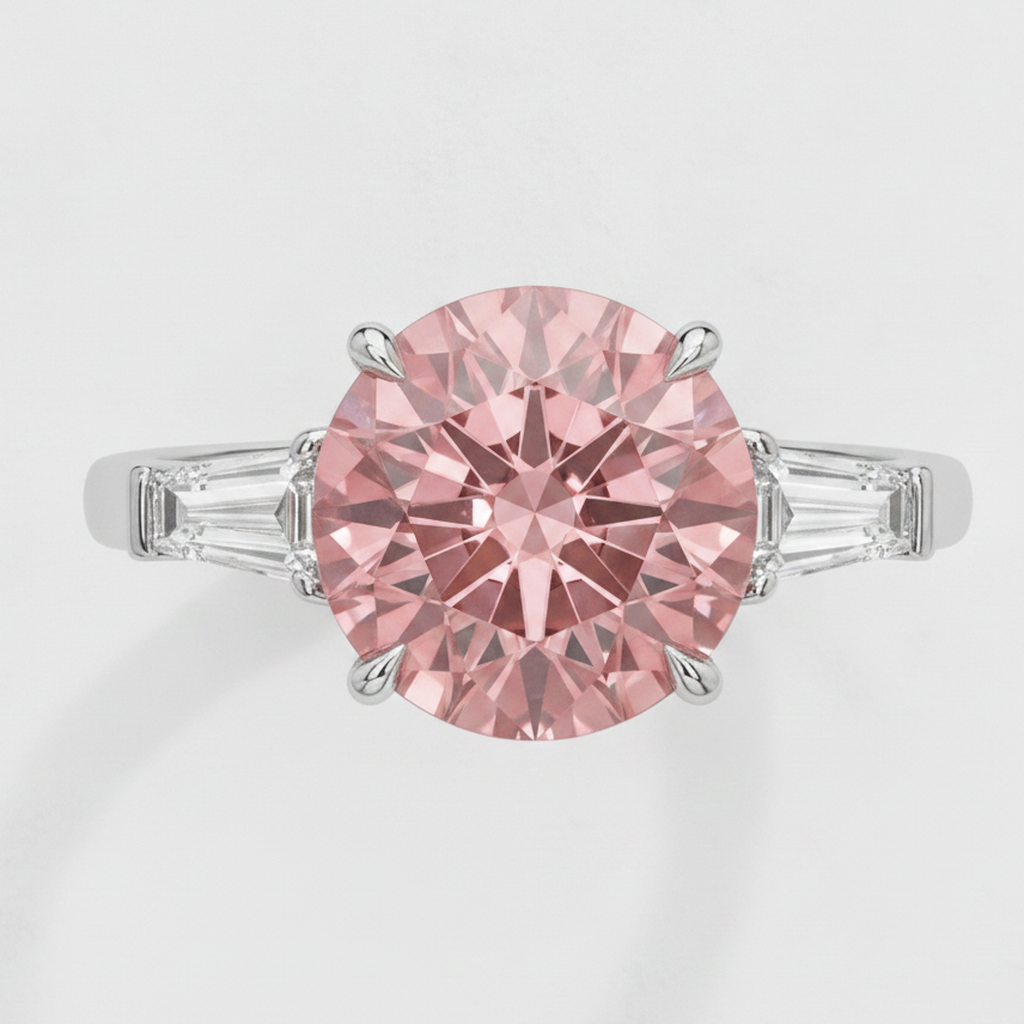 Padparadscha-Saphir-Ring 3,1 Karat Echter Rundschliff und weiße Baguettes Drei-Stein Platin
