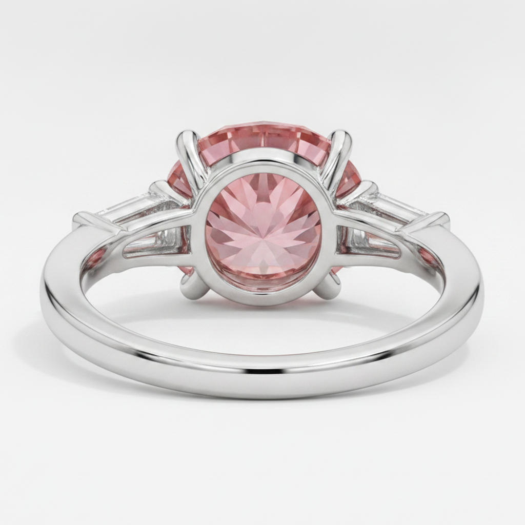 Padparadscha-Saphir-Ring 3,1 Karat Echter Rundschliff und weiße Baguettes Drei-Stein Platin