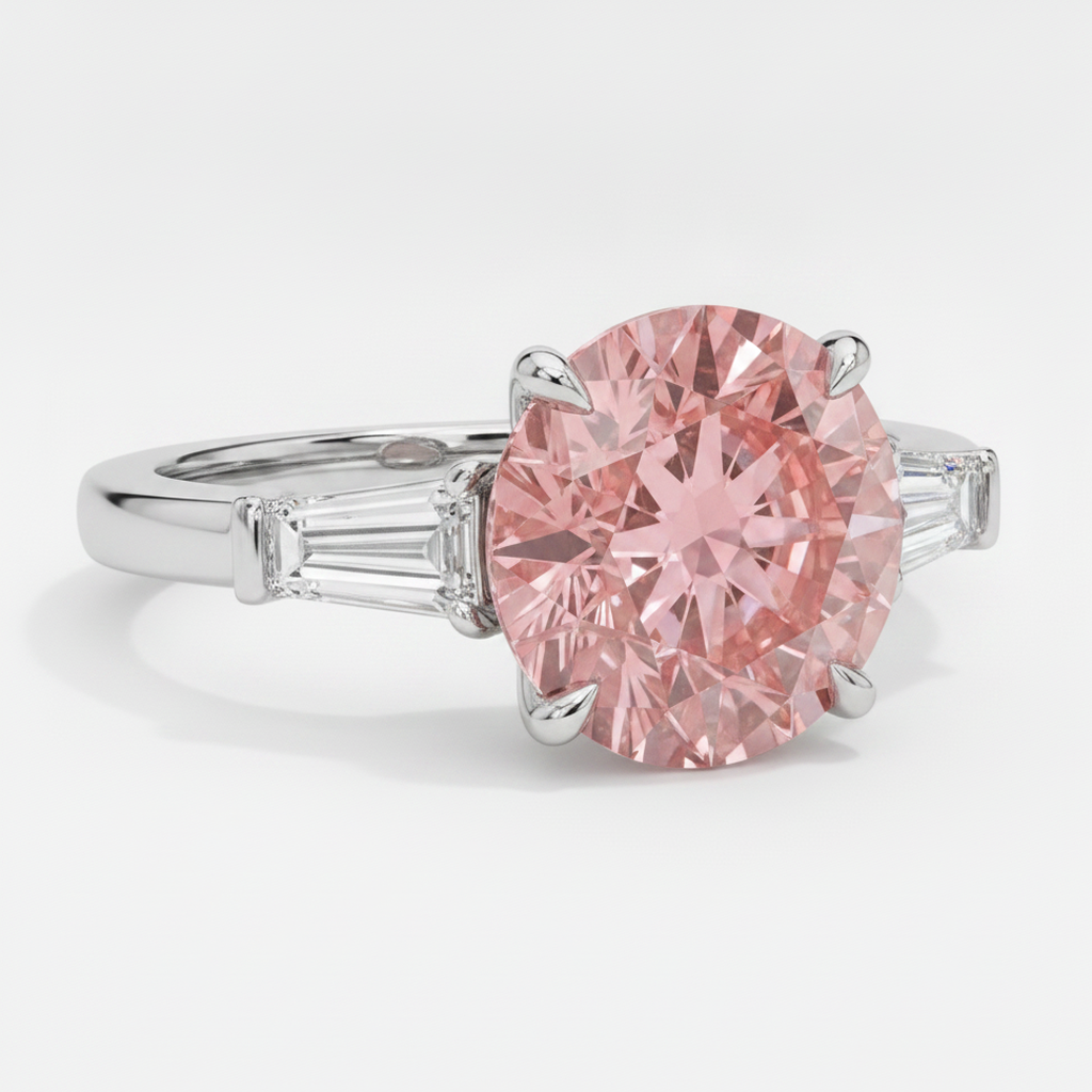 Padparadscha-Saphir-Ring 3,1 Karat Echter Rundschliff und weiße Baguettes Drei-Stein Platin