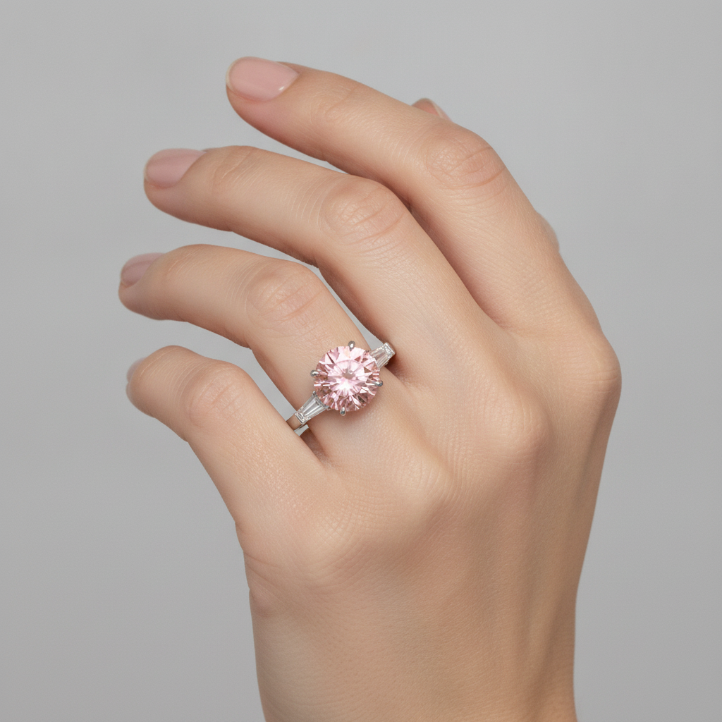 Padparadscha-Saphir-Ring 3,1 Karat Echter Rundschliff und weiße Baguettes Drei-Stein Platin