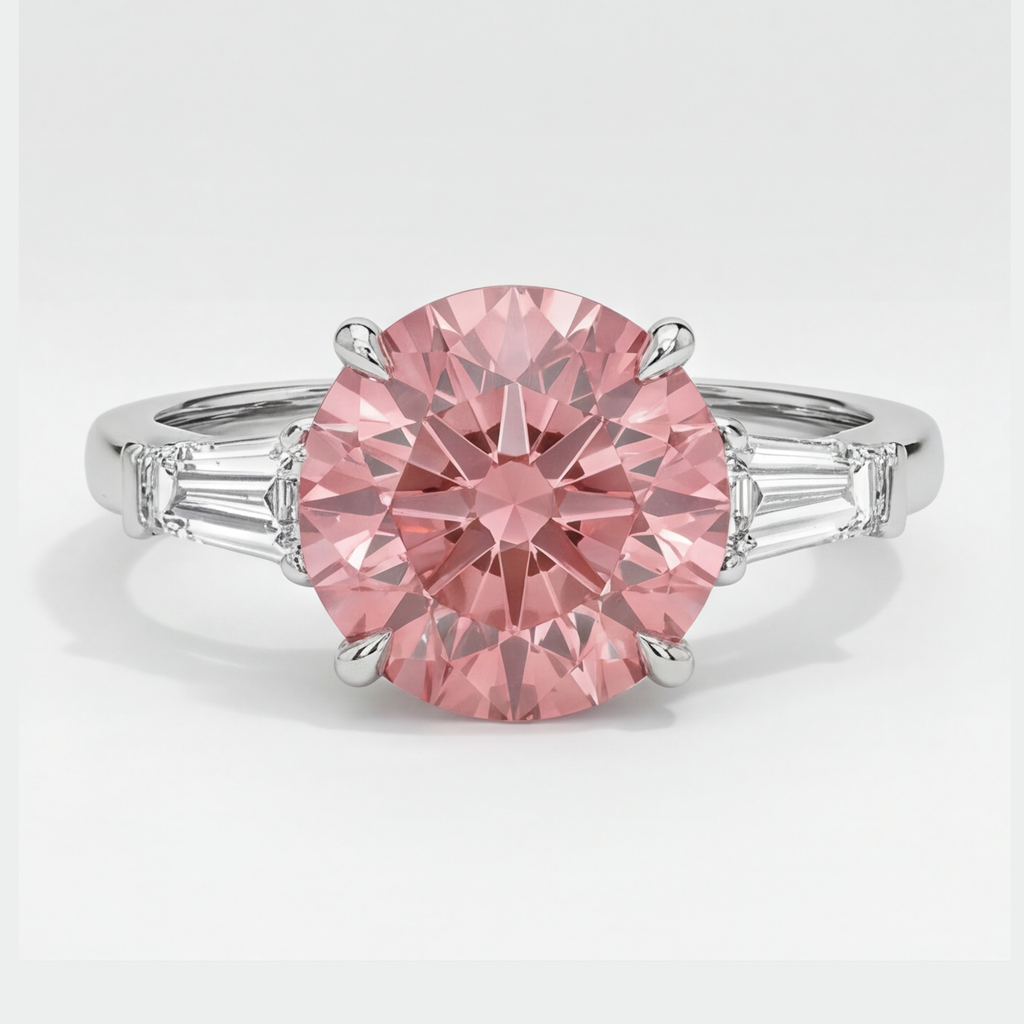 Padparadscha-Saphir-Ring 3,1 Karat Echter Rundschliff und weiße Baguettes Drei-Stein Platin
