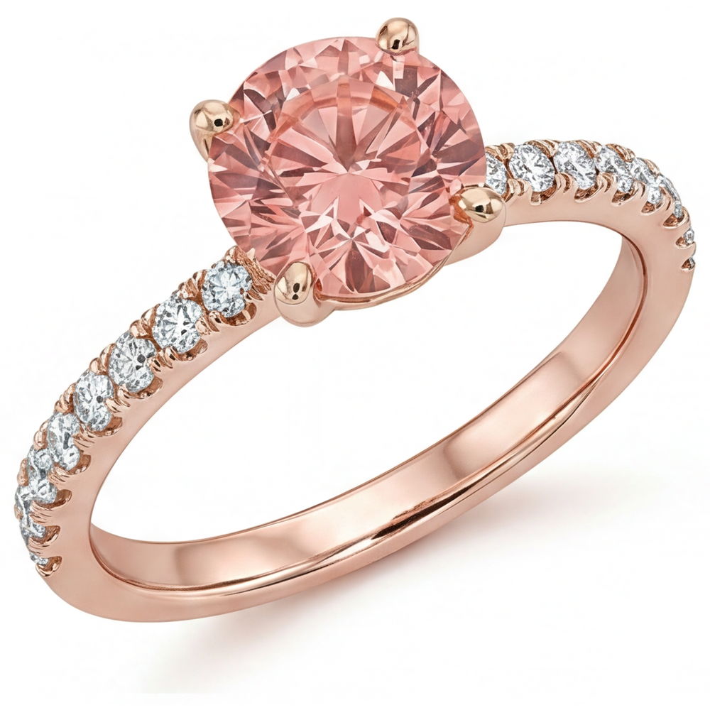 Padparadscha-Verlobungsring 1,8 Karat Echter Runder Saphir Pavé 14 Karat Roségold
