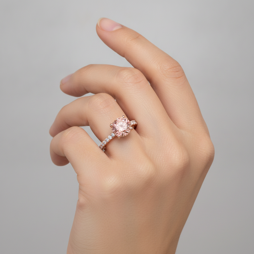 Padparadscha-Verlobungsring 1,8 Karat Echter Runder Saphir Pavé 14 Karat Roségold