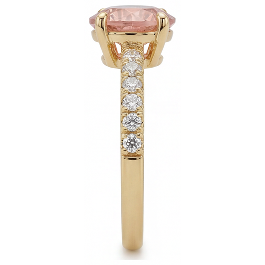 Padparadscha-Ring 2,3 Karat natürlicher runder Saphir Pavé 14 Karat Gelbgold