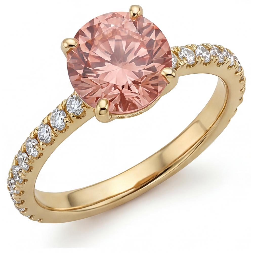 Padparadscha-Ring 2,3 Karat natürlicher runder Saphir Pavé 14 Karat Gelbgold