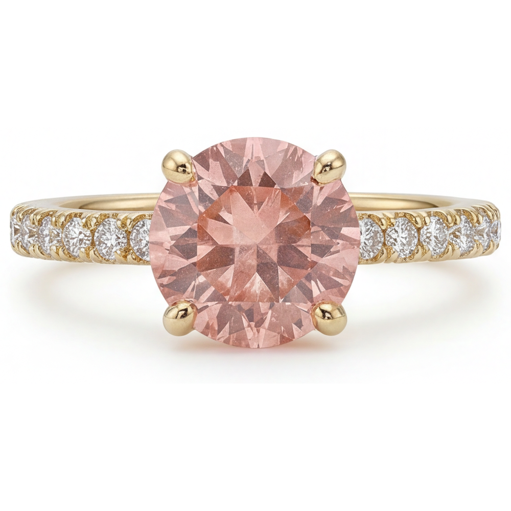 Padparadscha-Ring 2,3 Karat natürlicher runder Saphir Pavé 14 Karat Gelbgold