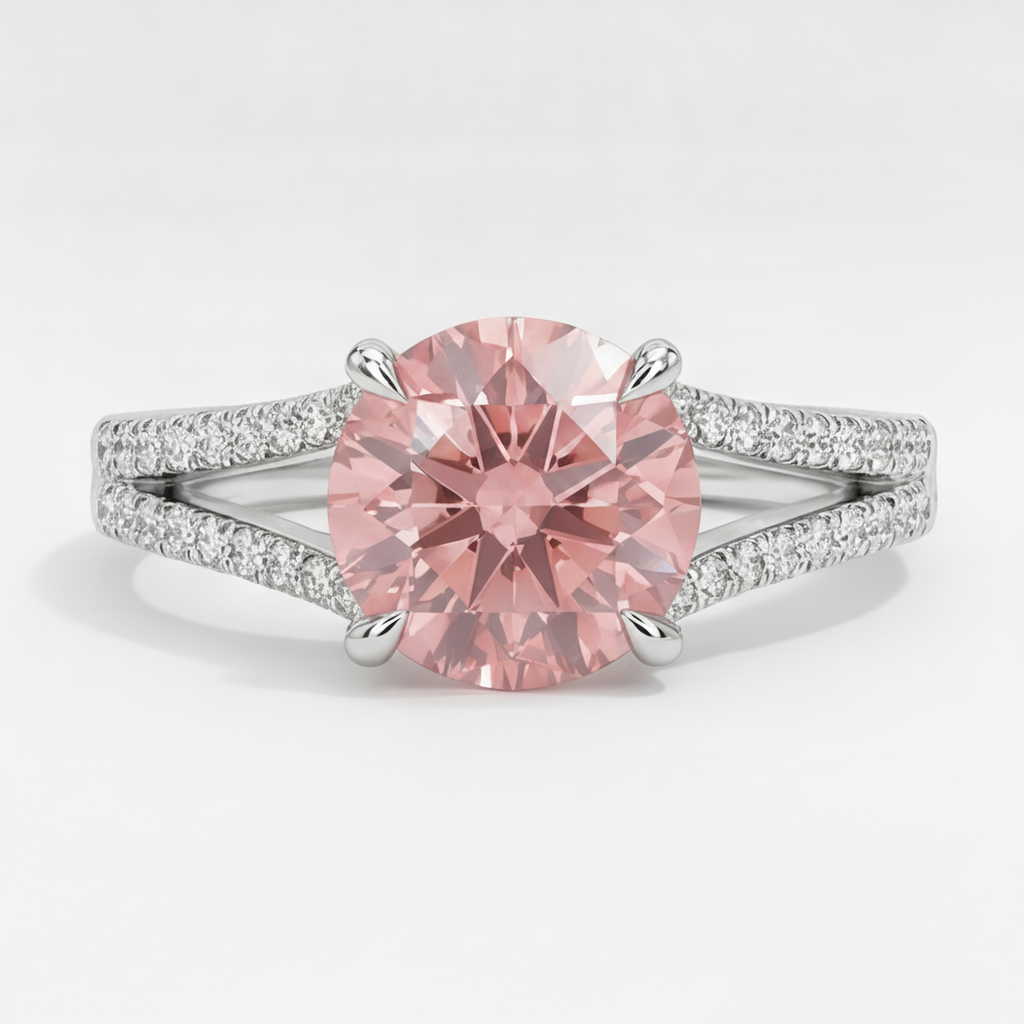 Pfirsich-Saphir-Verlobungsring 2,6 Karat Natürlicher Runder Padparadscha Geteilte Ringschiene 14 Karat Weißgold