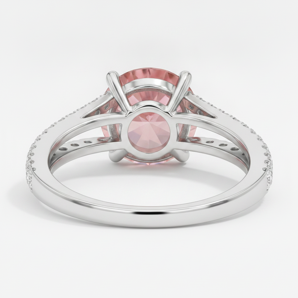 Pfirsich-Saphir-Verlobungsring 2,6 Karat Natürlicher Runder Padparadscha Geteilte Ringschiene 14 Karat Weißgold