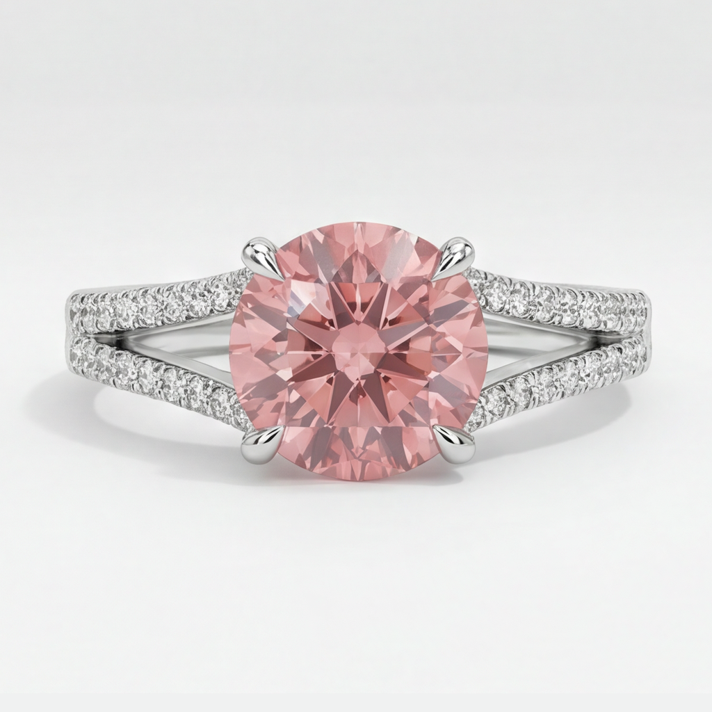 Pfirsich-Saphir Verlobungsring 2,6 Karat Natürlicher Runder Padparadscha Geteilte Ringschiene 14 Karat Weißgold