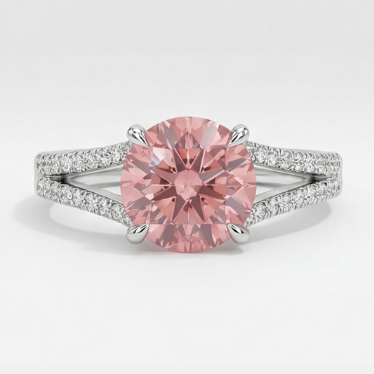 Pfirsich-Saphir-Verlobungsring 2,6 Karat Natürlicher Runder Padparadscha Geteilte Ringschiene 14 Karat Weißgold